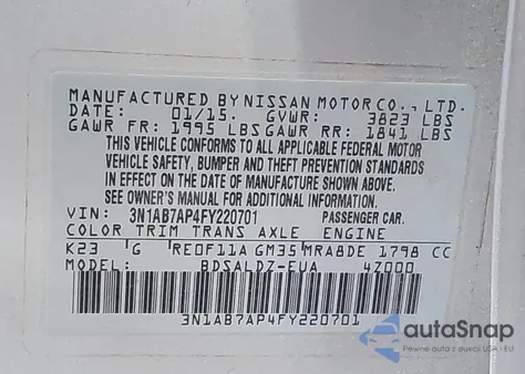 2015 Nissan Sentra Fe+ S/S/Sl/Sr/Sv z USA, uszkodzony, nr VIN 3N1AB7AP4FY220701